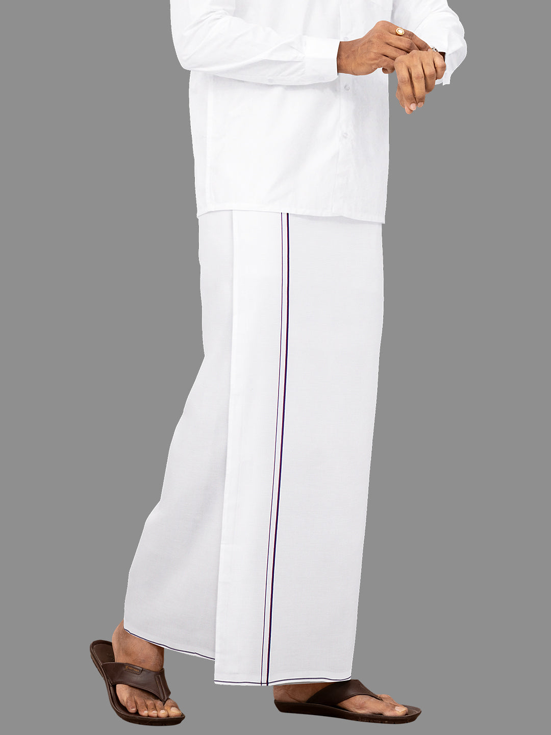 Men Cotton Blend Single Layer White Dhoti with Assorted Border