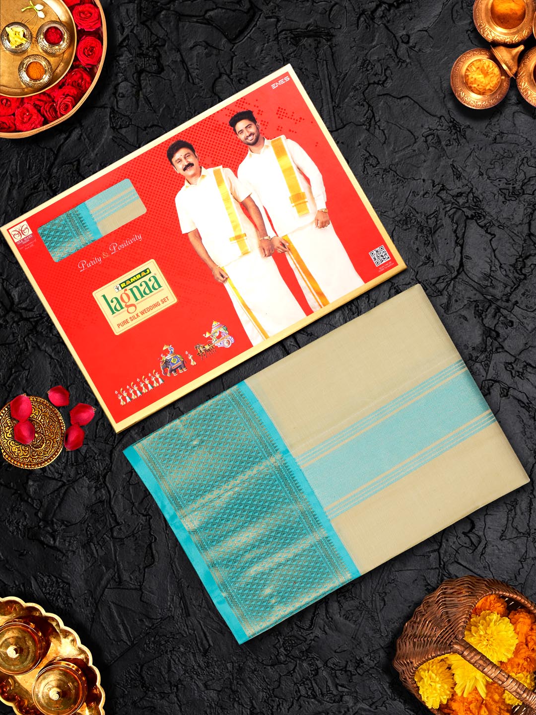 Premium Pure Silk Cream Dhoti With Angavastram 4 1/2" Sky Blue Korvai Jari Border Agarshanaa-View three