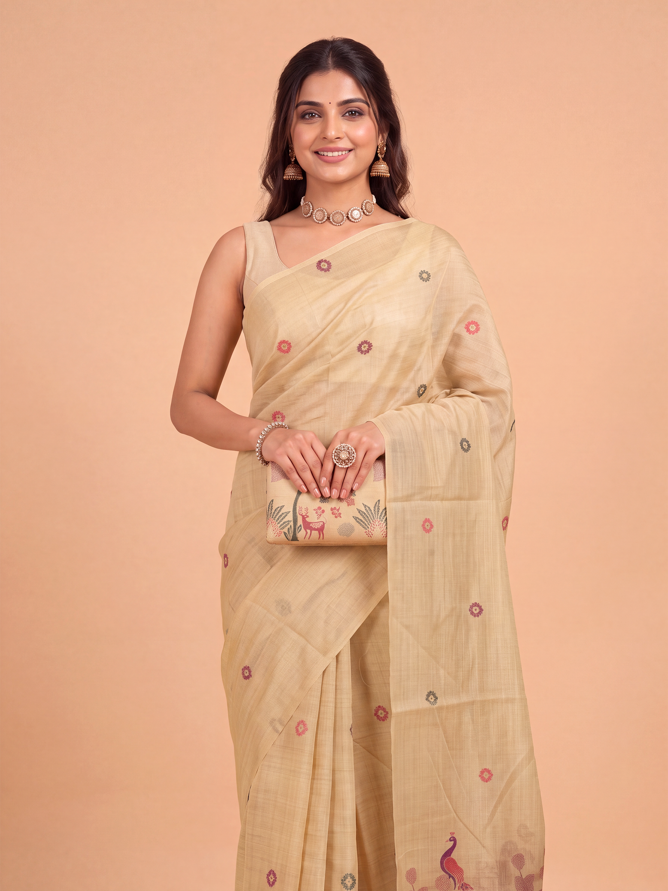 Women Light Brown Spun Poly Printed Saree SP09