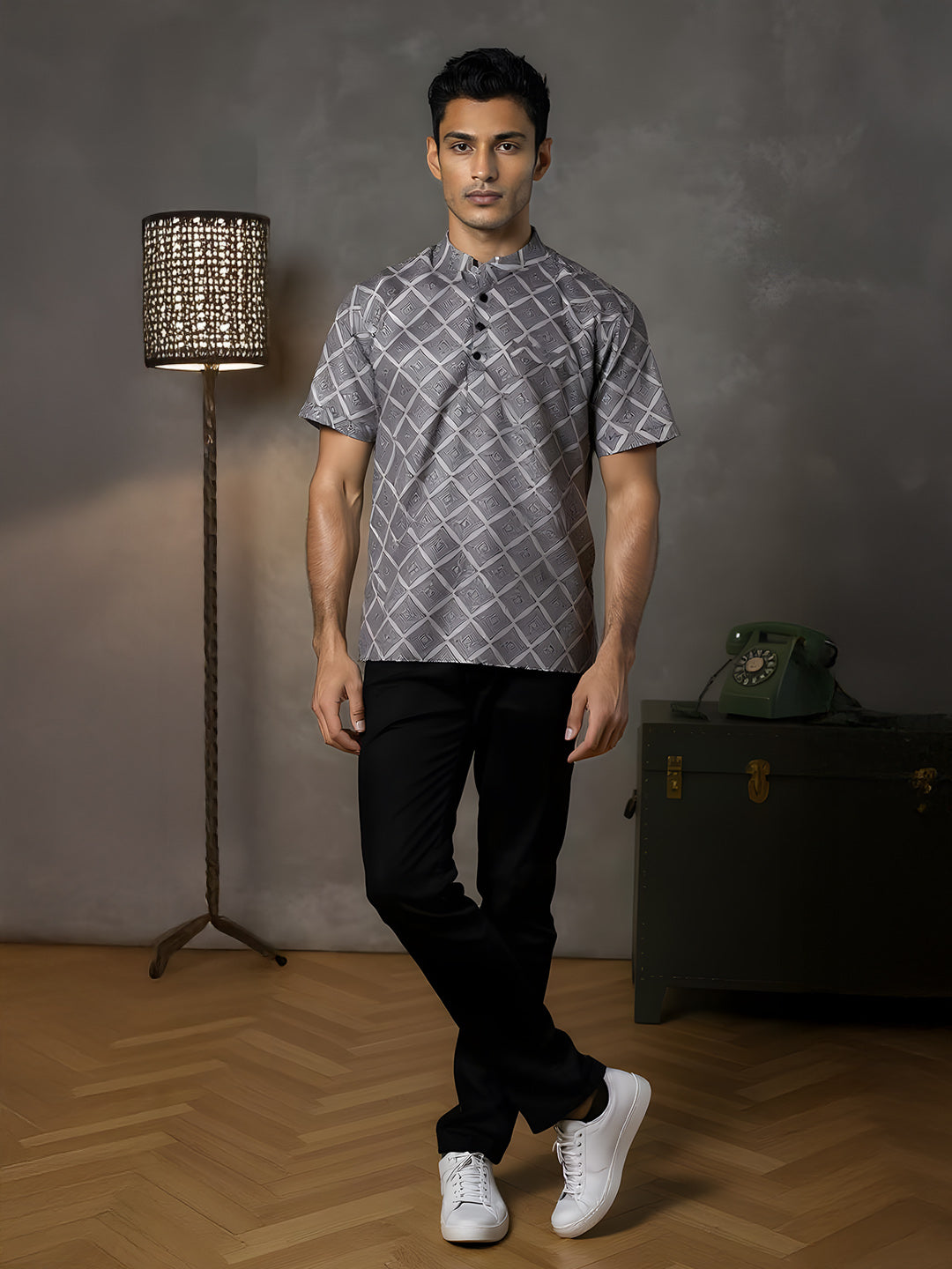 Men Cotton Short Length Printed Pocket Kurta Grey RH10