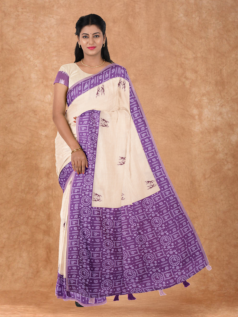 Women Semi Linen Printed Saree Sandal with Violet SL174