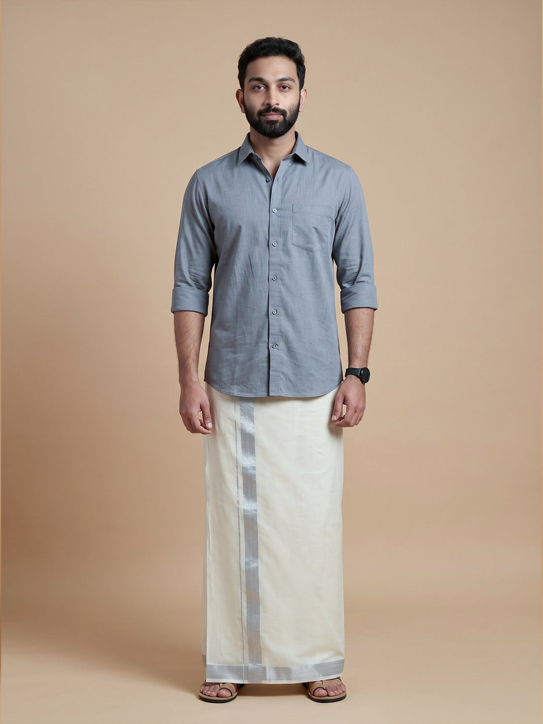 Double Layer 100% Cotton White Dhoti with Fancy Border - MSG01