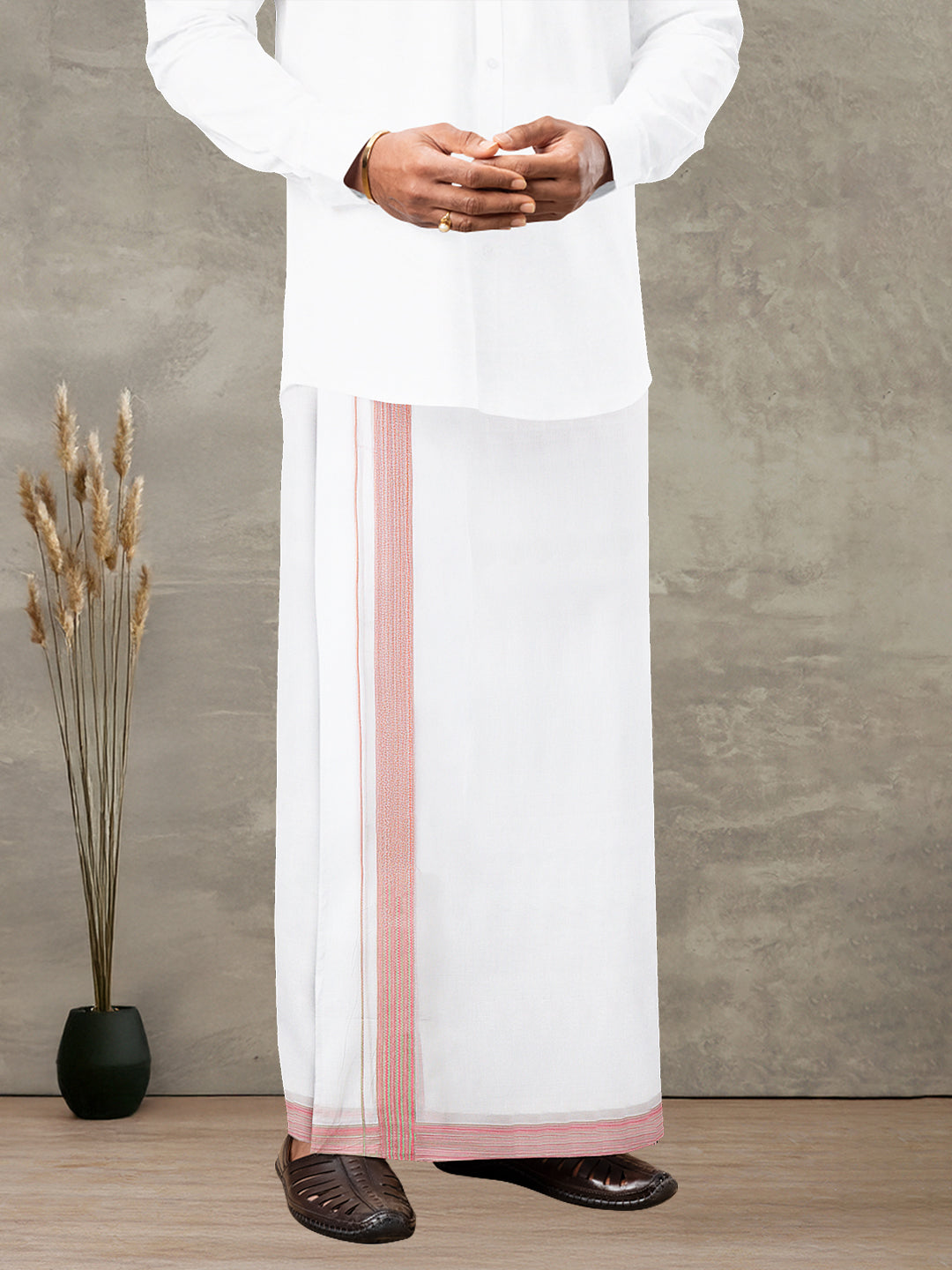 Men 100% Cotton Double Layer White Dhoti with Fancy Border PMF7