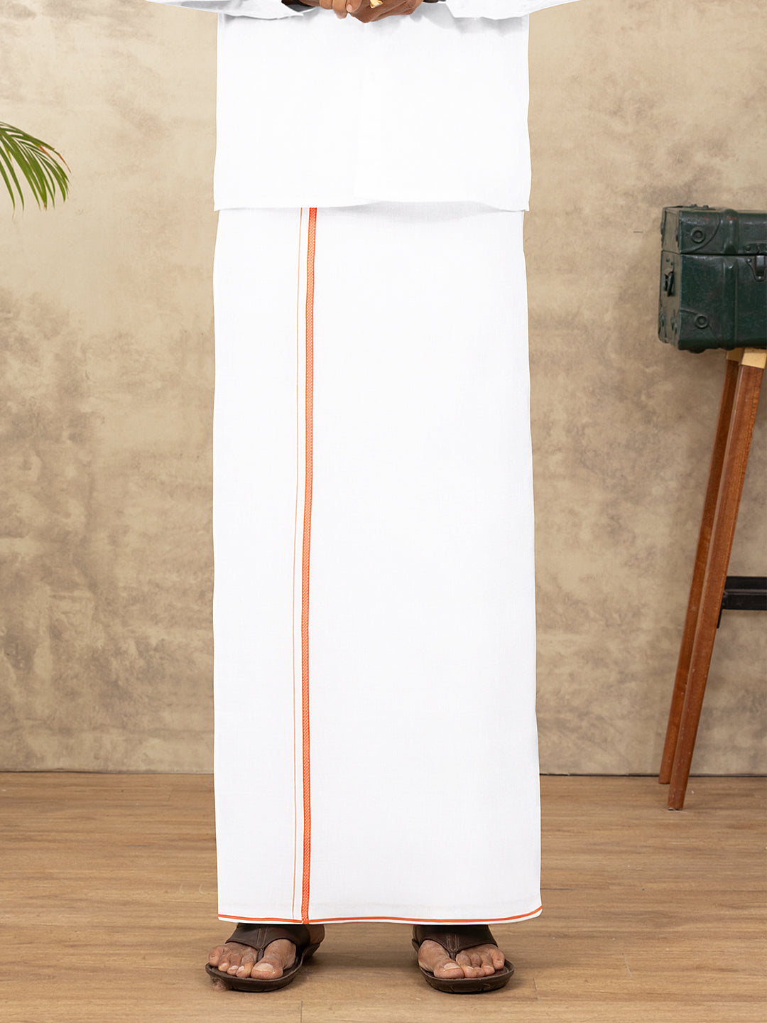 Men 100% Cotton Single Layer White Dhoti with Assorted Border Vaigai Fancy