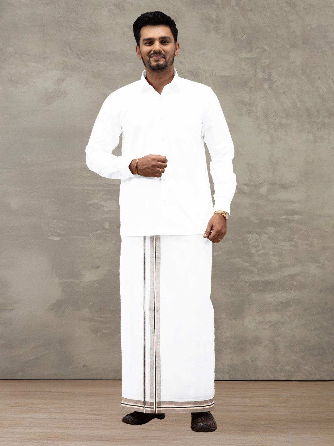 Men 100% Cotton Double Layer White Dhoti with Fancy Jari Border EJF11
