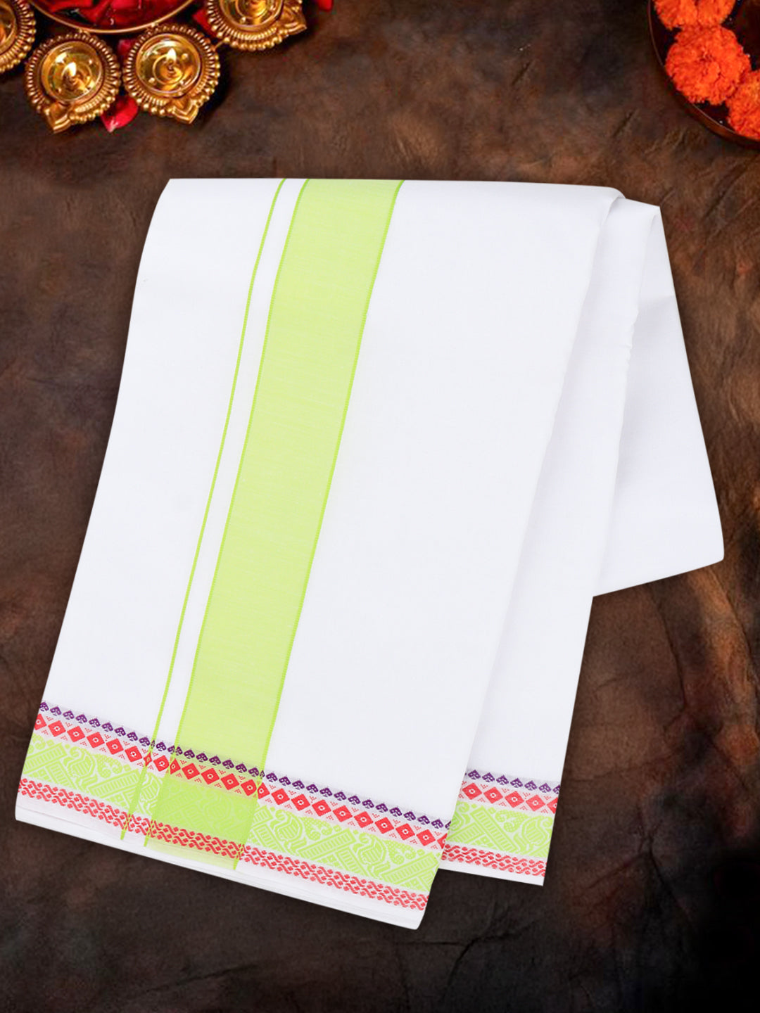 Men Cotton Green Fancy Border Panchakacham with Angavasthram (9+5) JD13