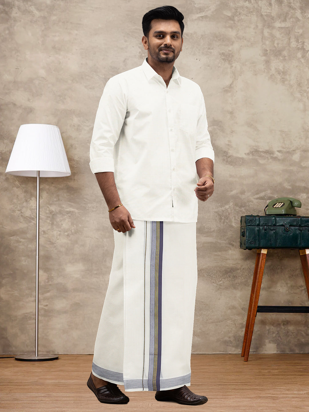 Men Kora Cotton Double Layer Dhoti with Grey Fancy Jari Border EGJ20