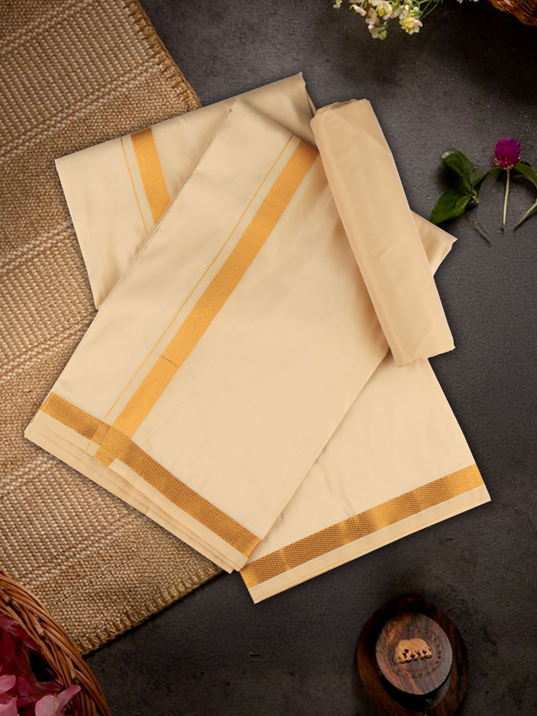 Men Art Silk Dhoti & Shirting Set F.Peach Ashirwath(2*1)