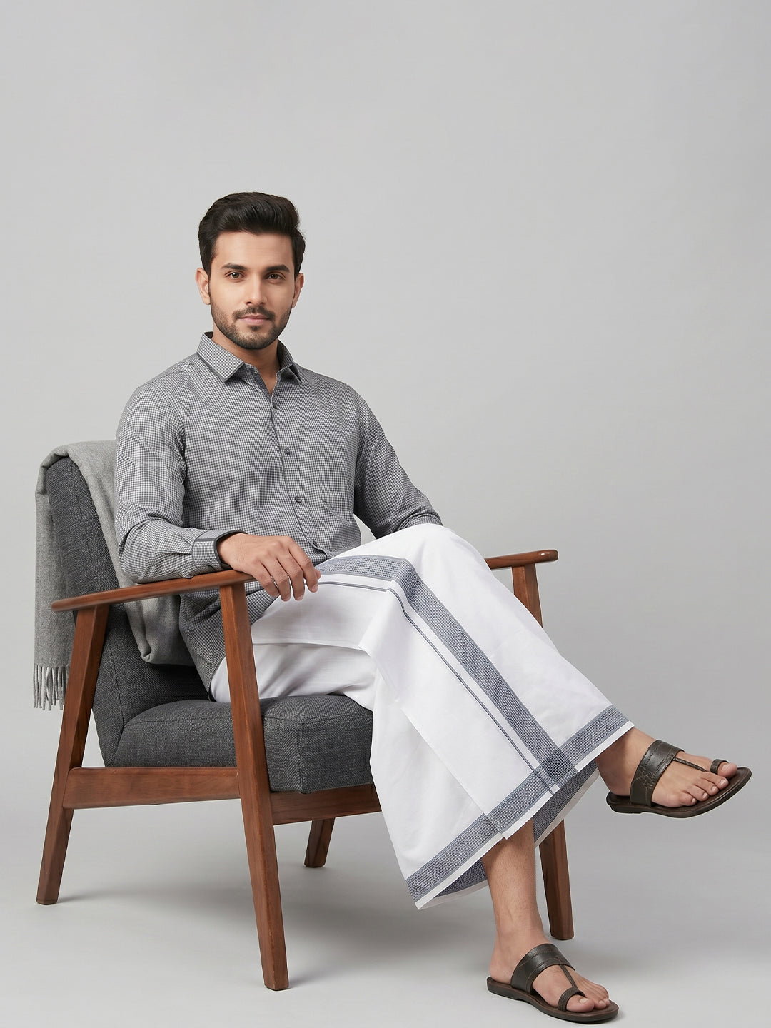 Men Greyish Blue Matching Border Dhoti With Printed Shirt Set Windsor HNJ1