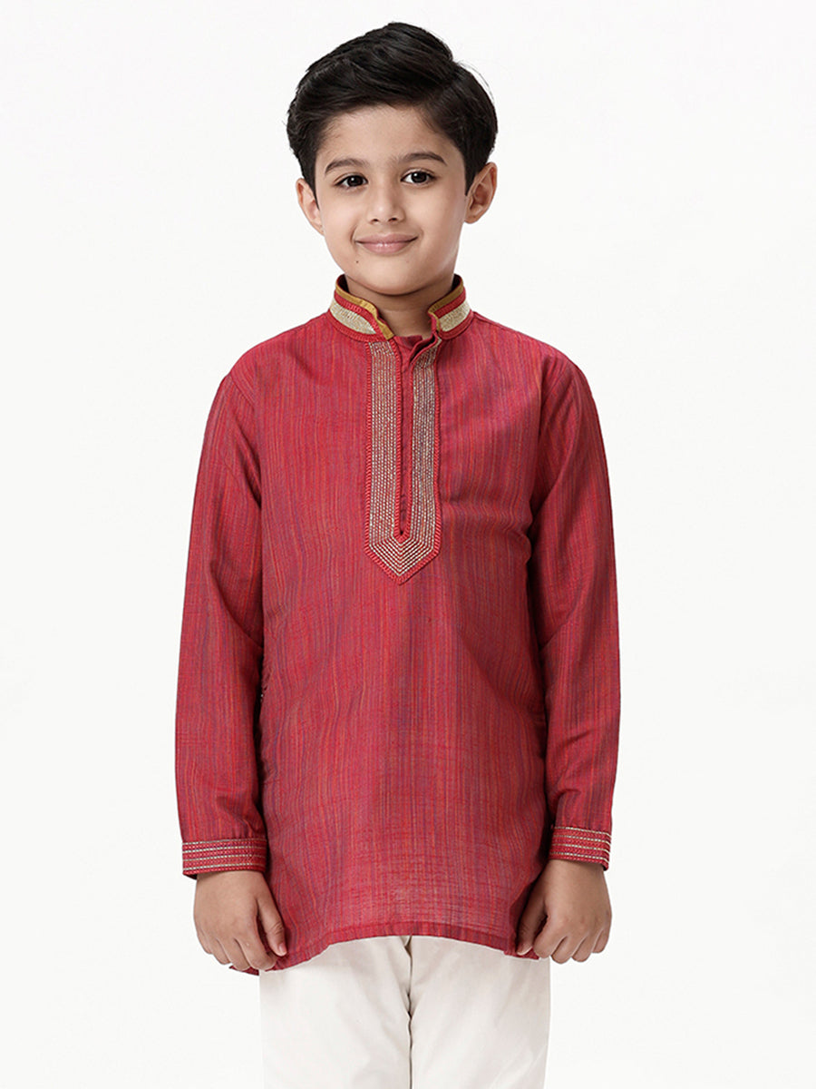 Boys Cotton Embellished Neckline Full Sleeves Red Kurta