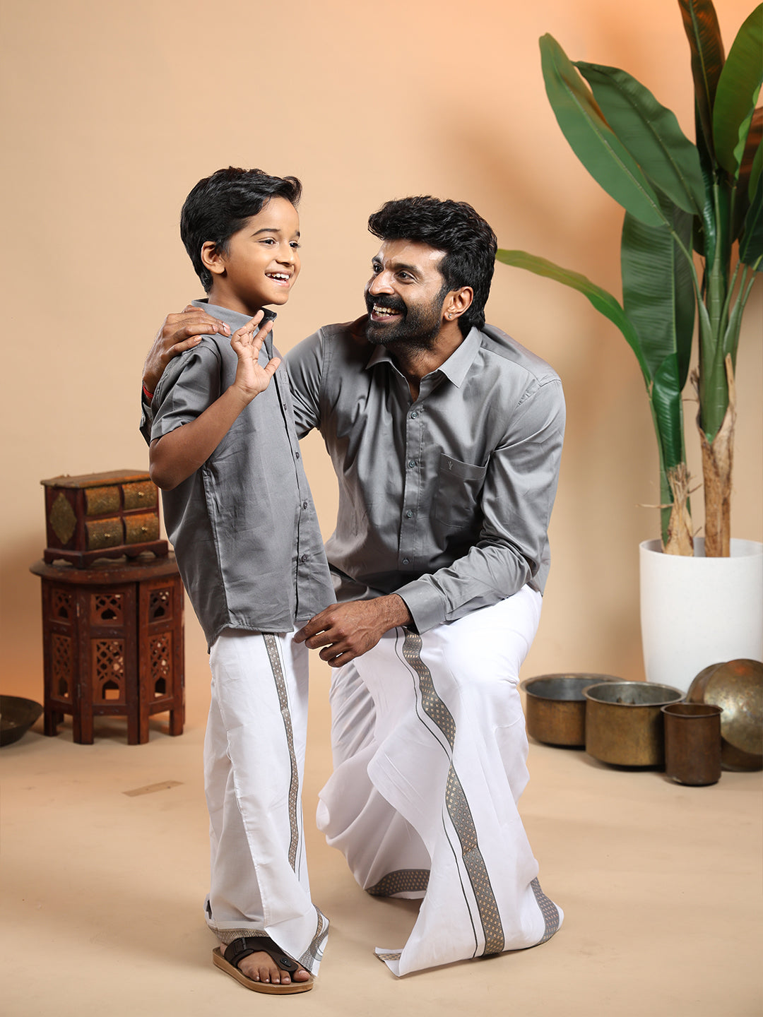 Like Father Like Son Matching Border Dhoti with Shirt Combo Set Shuttle Grey BT6