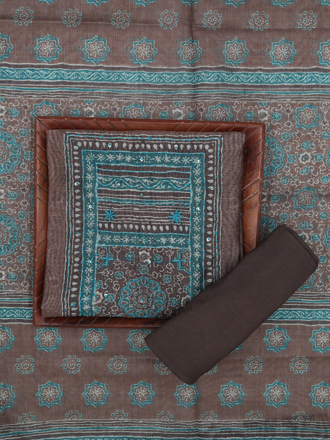 Women Pure Cotton Printed Dress Material Brown DM336