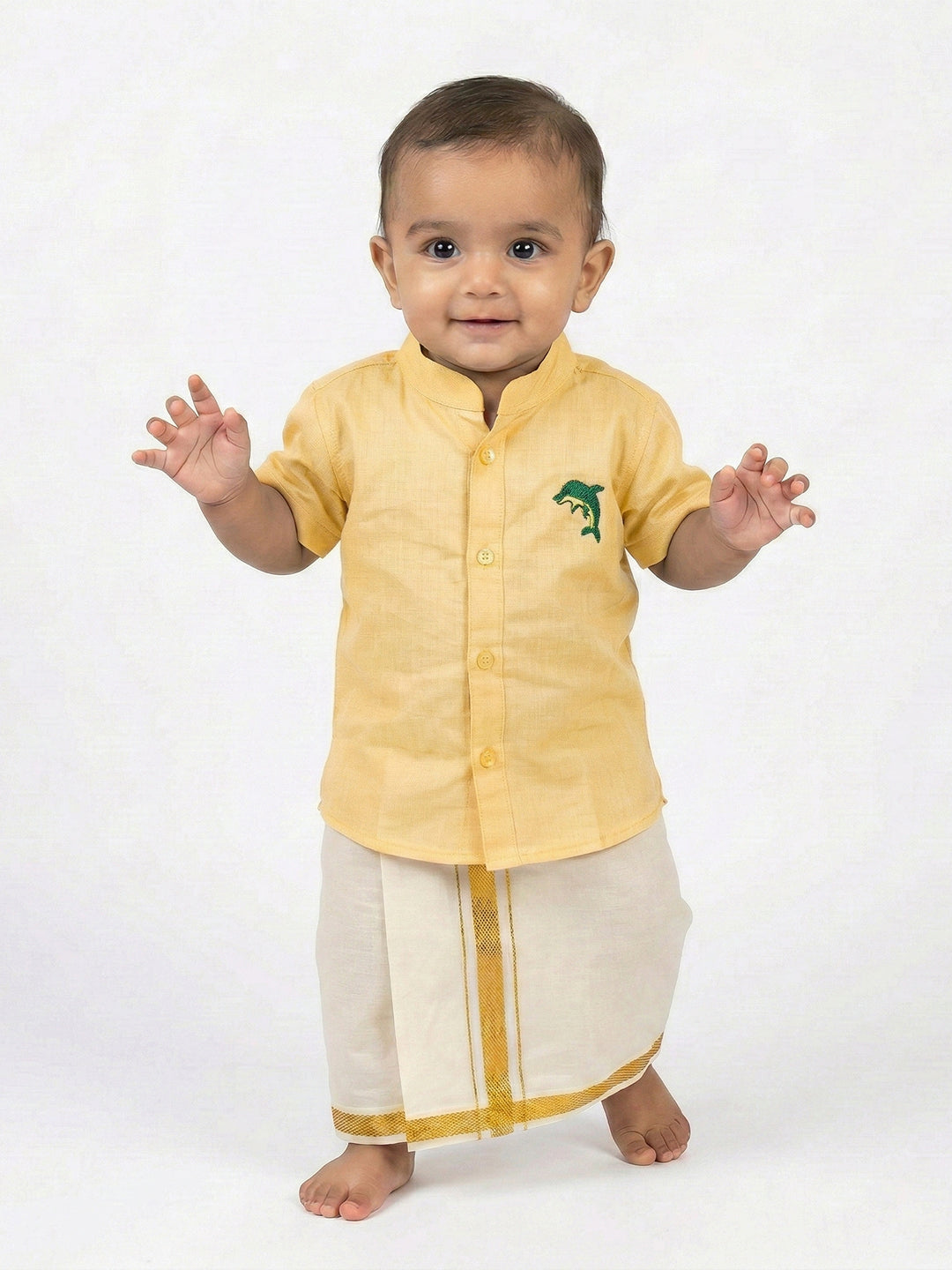 Born Baby Traditional Shirt with Dhoti and Panchakacham Set Yellow