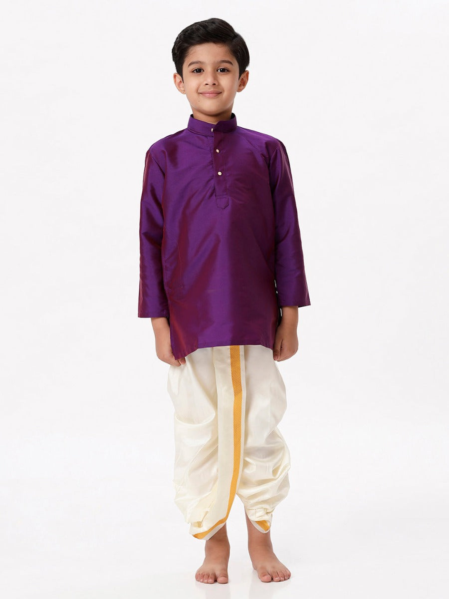 Boys Silk Cotton Full Sleeves Purple Kurta with Panchakacham Combo