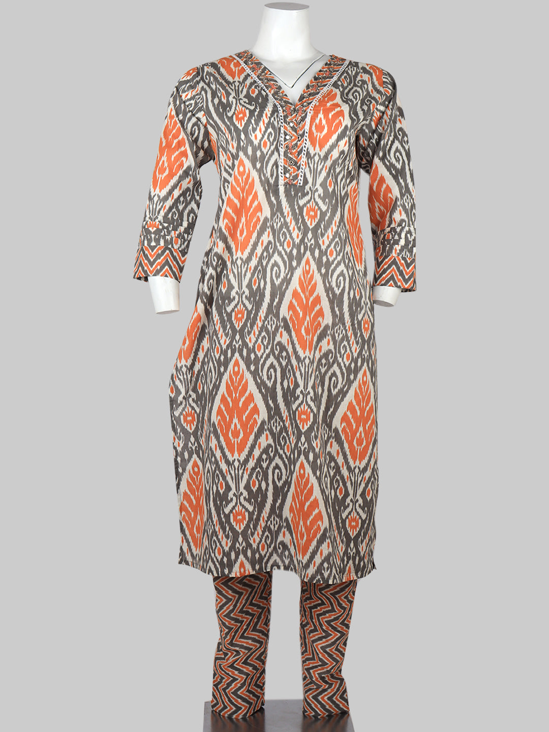 Women Cotton Printed Kurti Set Grey EKS48