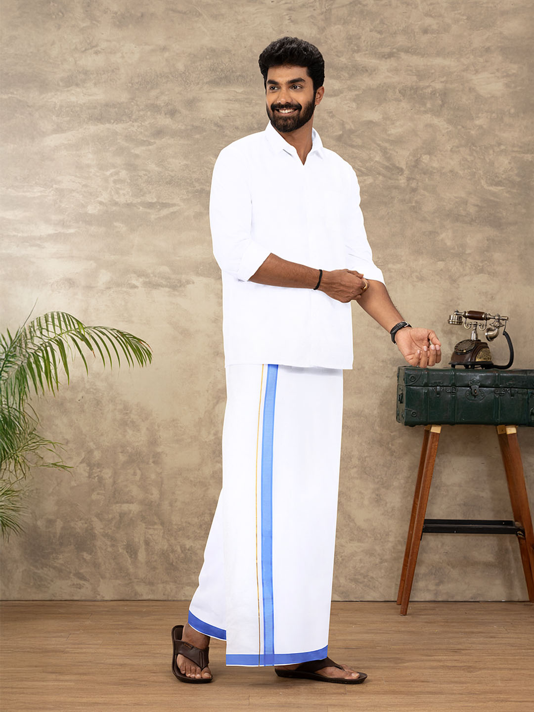 Men Cotton Blend Readymade Double Layer White Dhoti with Fancy Jari Border GFDA11