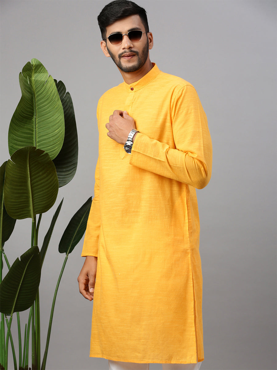 Mens Cotton Full Length Plain Pocket Kurta Yellow M17
