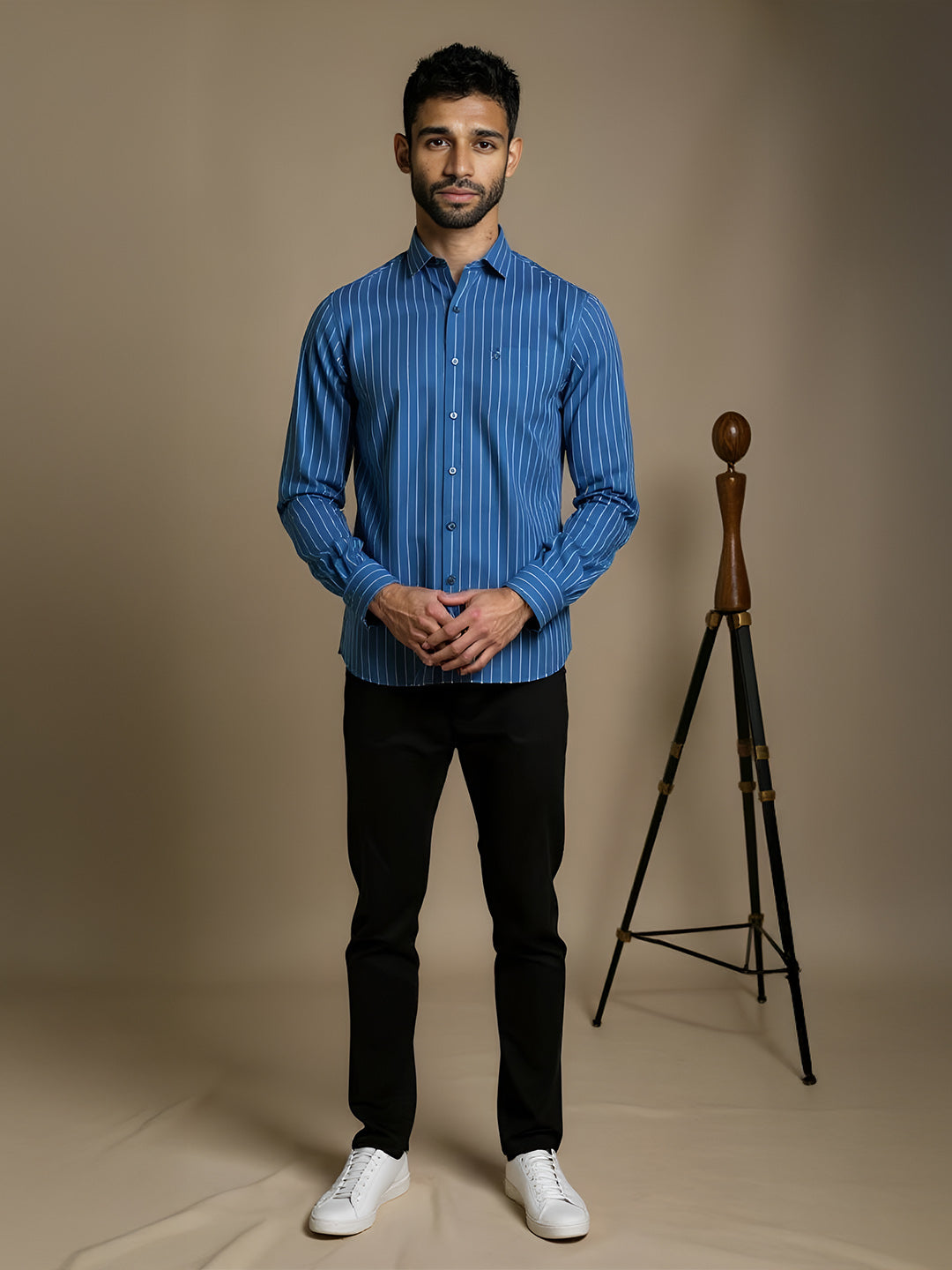 Men Pure Linen Striped Shirt Tufts Blue LS11