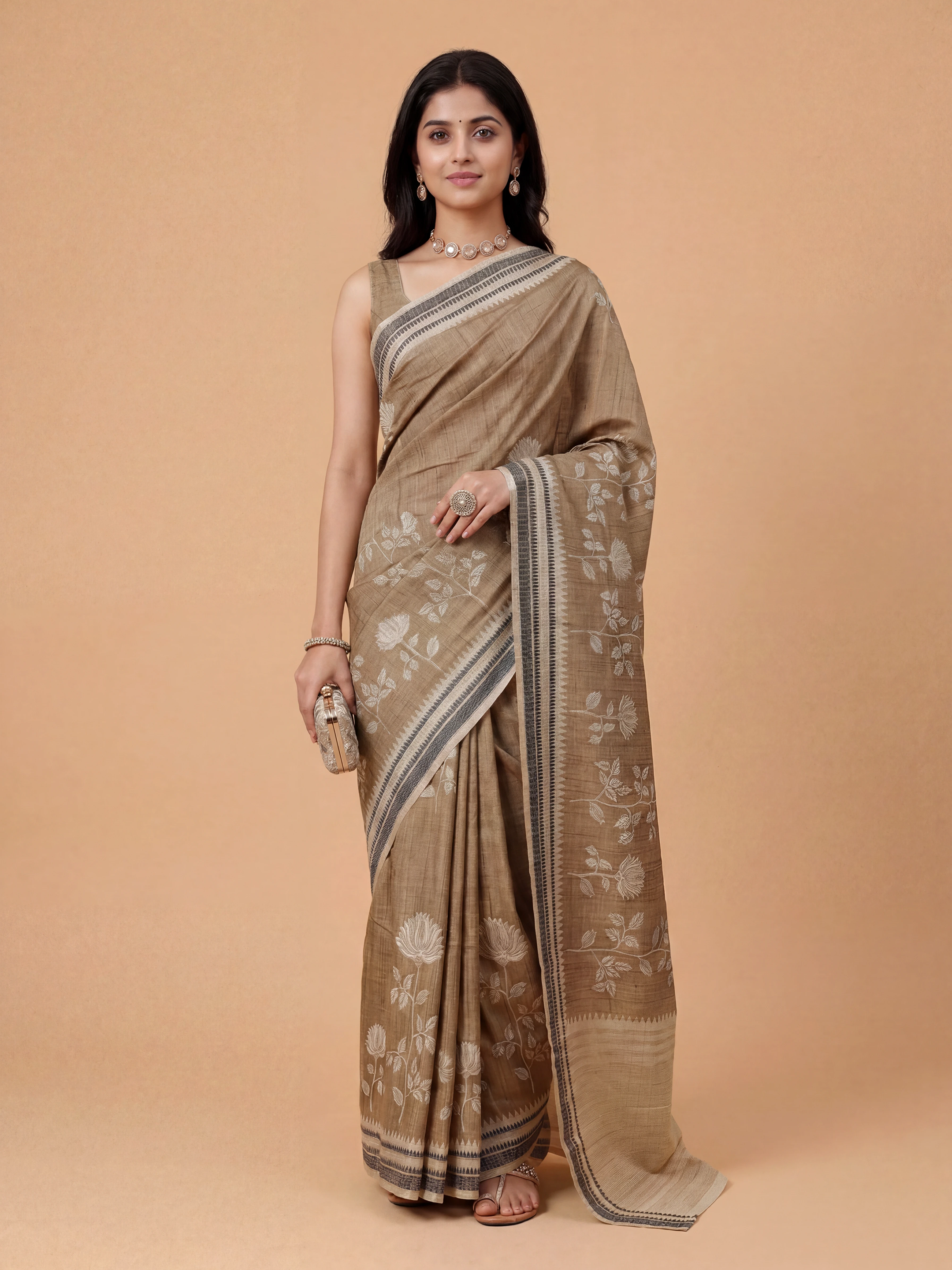 Women Semi Tussar Printed Olive Green Saree ST342