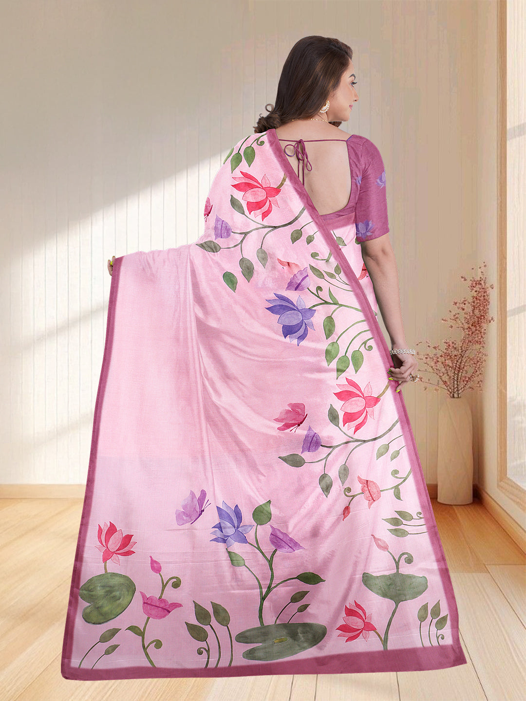 Women Light Pink Semi Tussar Printed Saree ST265