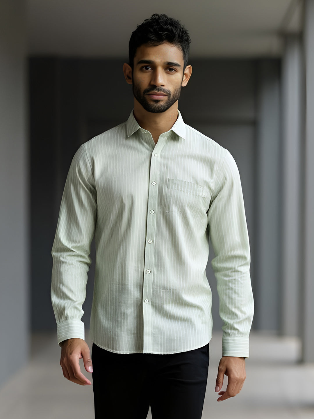 Men Pure Linen Striped Shirt Pale Green LS34