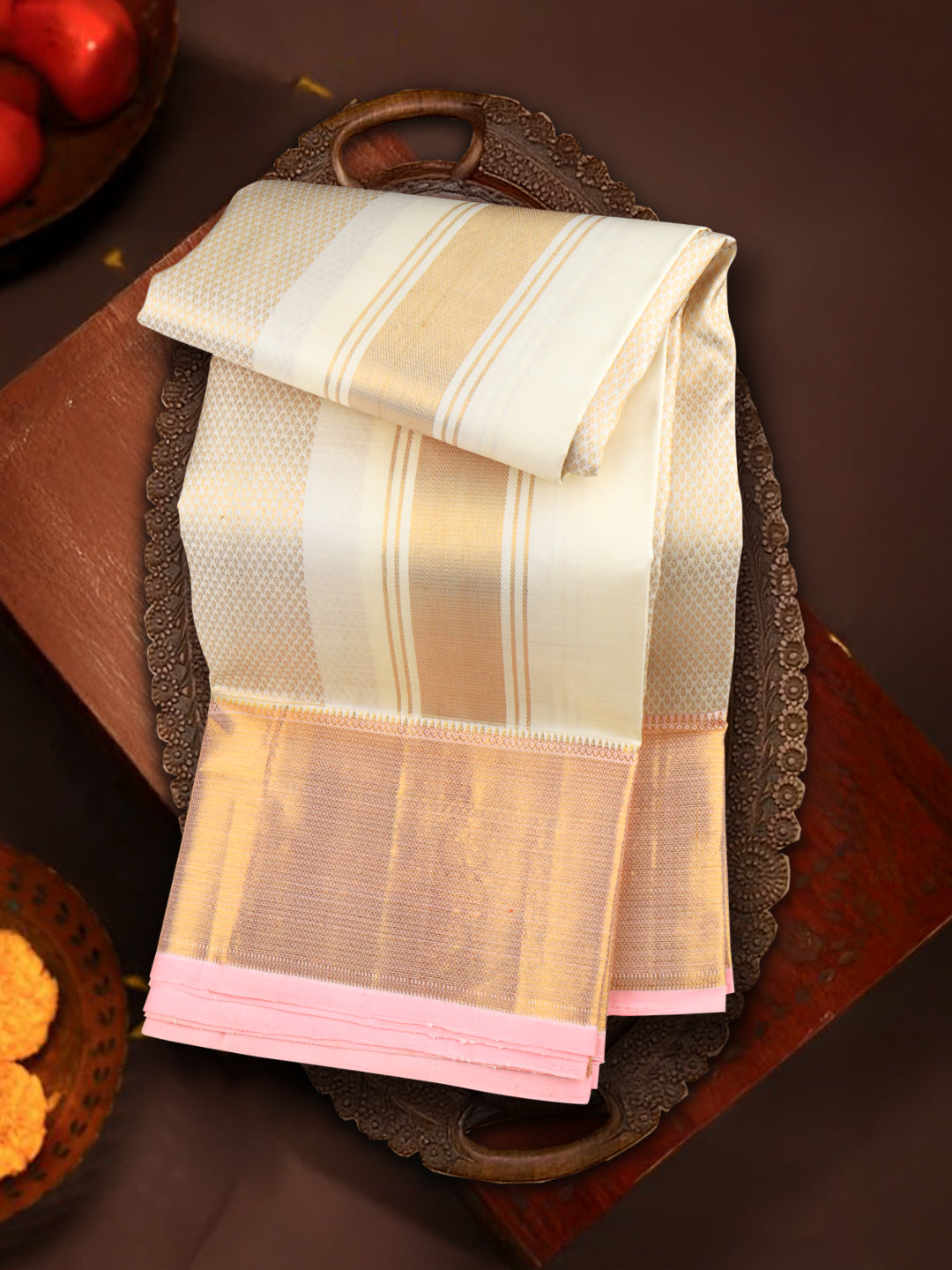 Men Premium Pure Silk Dhoti & Towel Set with 6" inch Gold Jari Border Amirtham AM8