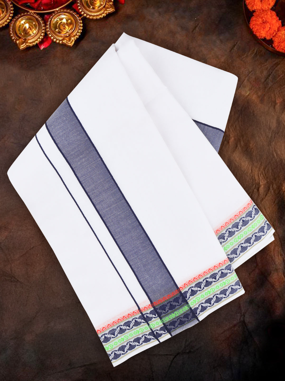 Men Cotton Navy Fancy Border Panchakacham with Angavasthram Srirasthu(9+5) SR56