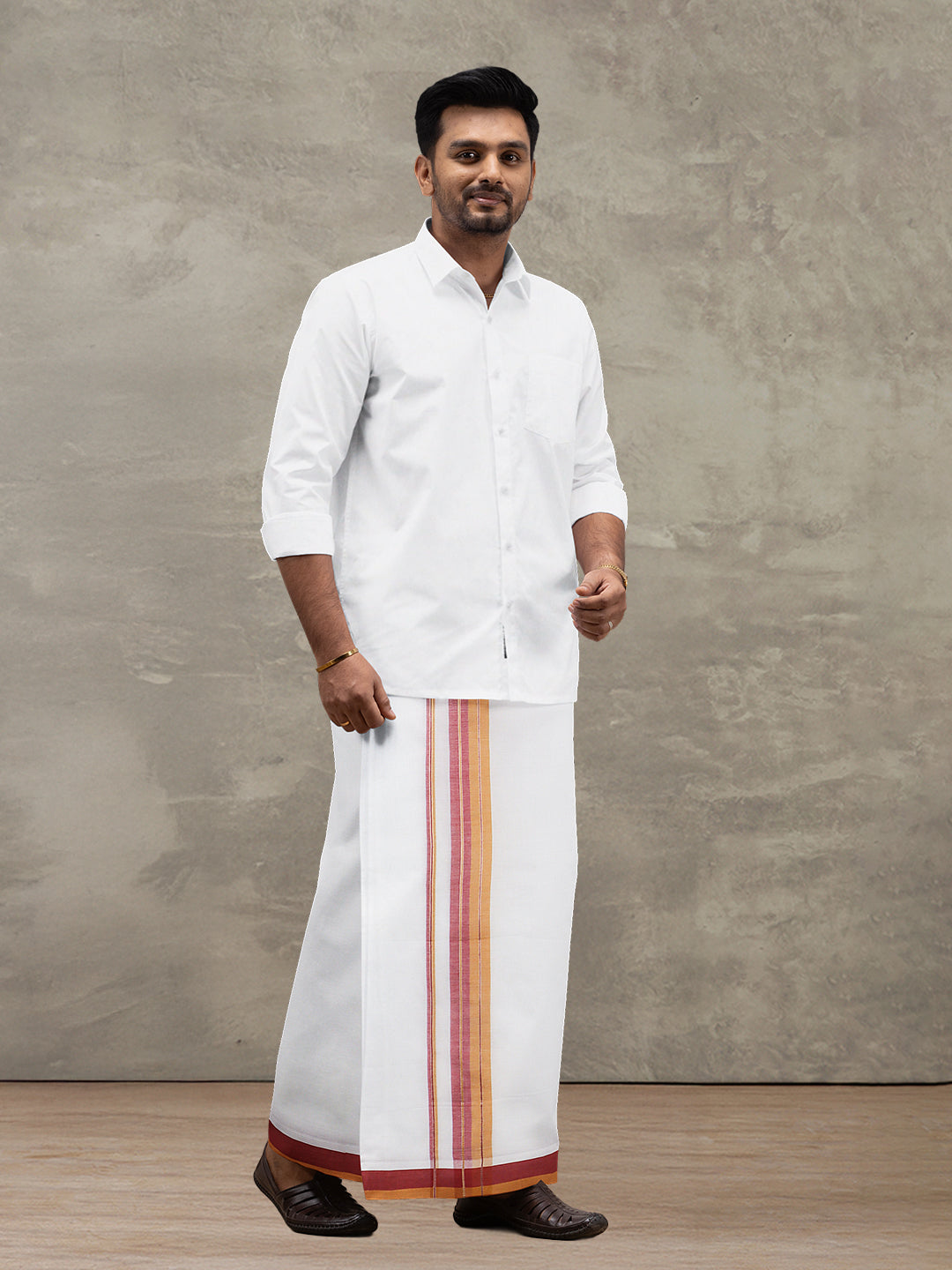 Men 100% Cotton Double Layer White Dhoti with Fancy Jari Border EJF10