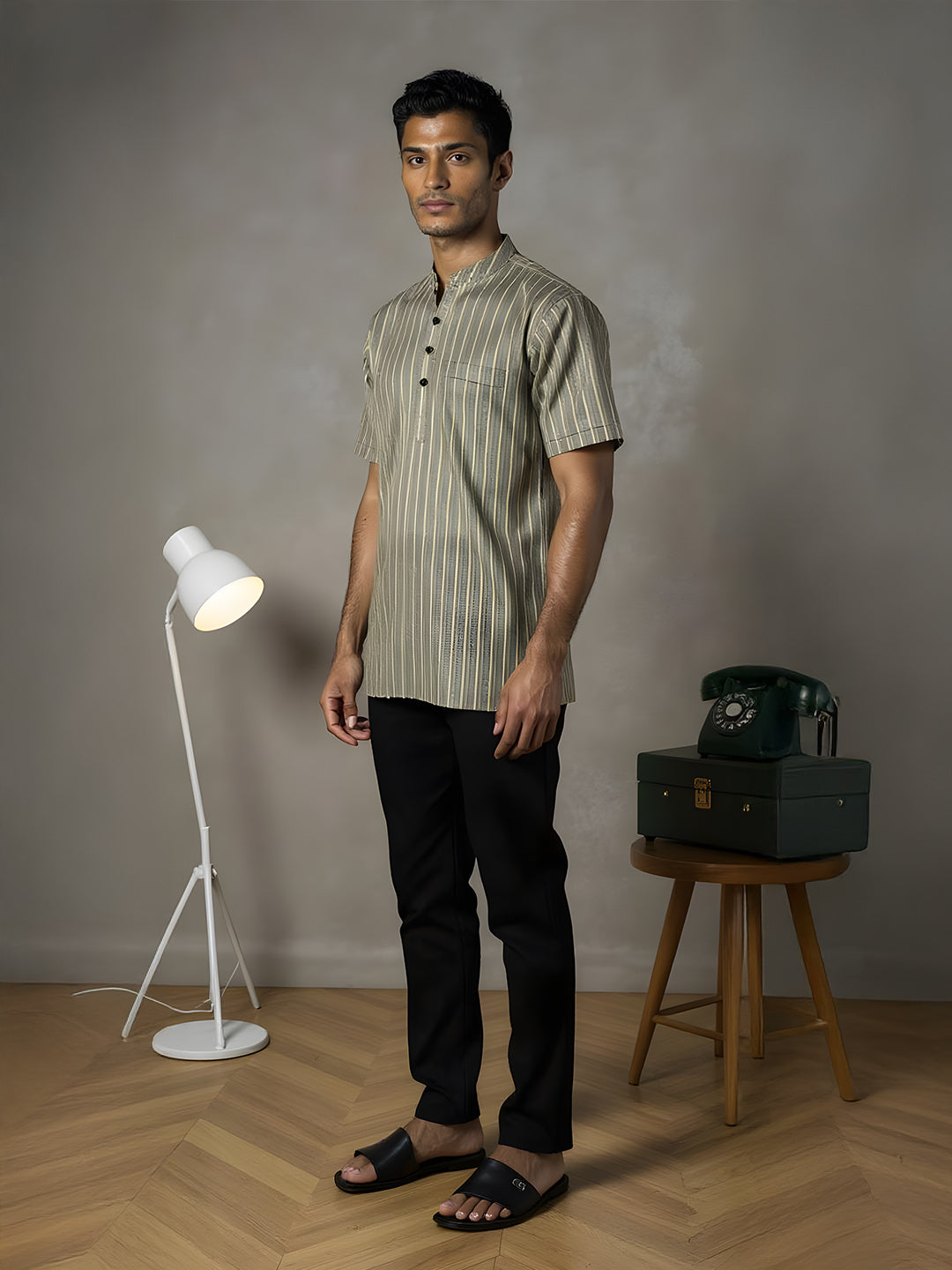 Men Cotton Short Length Striped Pocket Kurta Green Blue RH03