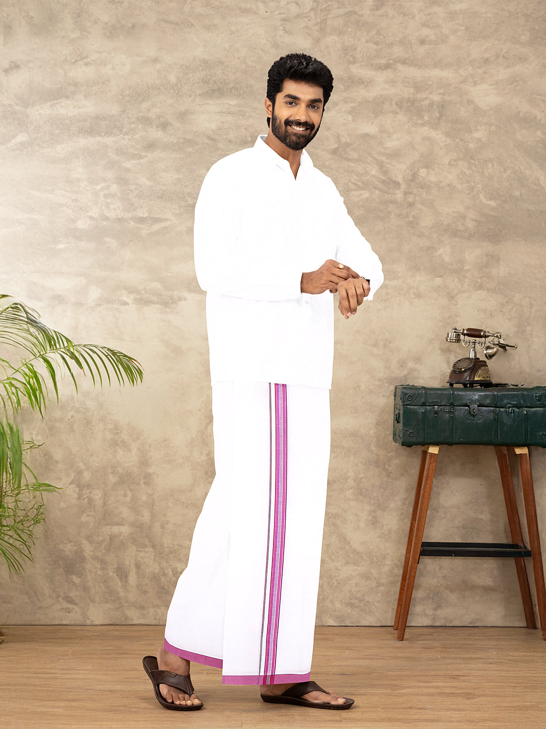 Men Cotton Blend Single Layer White Dhoti with Fancy Jari Border HSF03