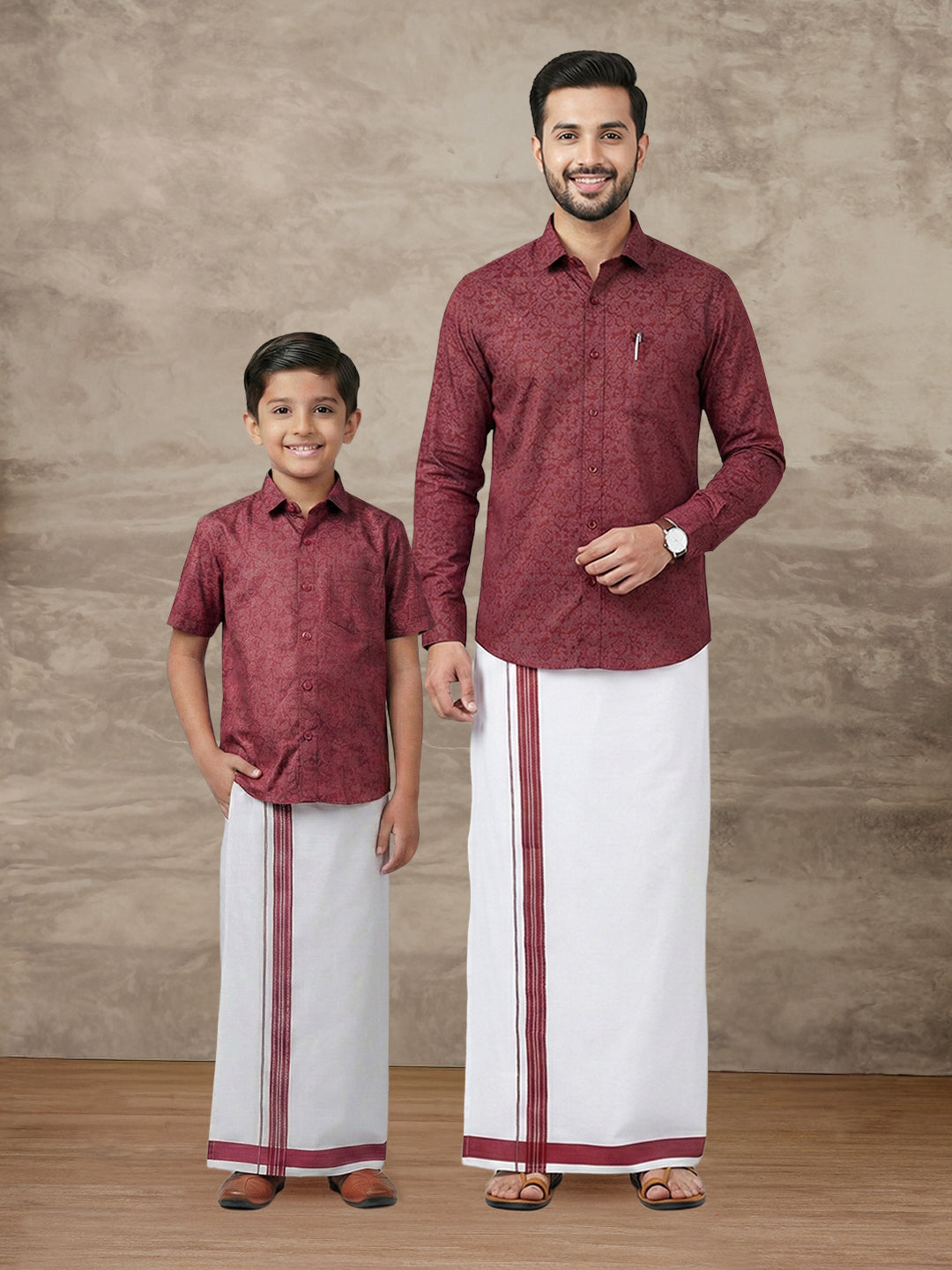 Like Father Like Son Matching Border Dhoti with Printed Shirt Combo Set Deep Red PS22