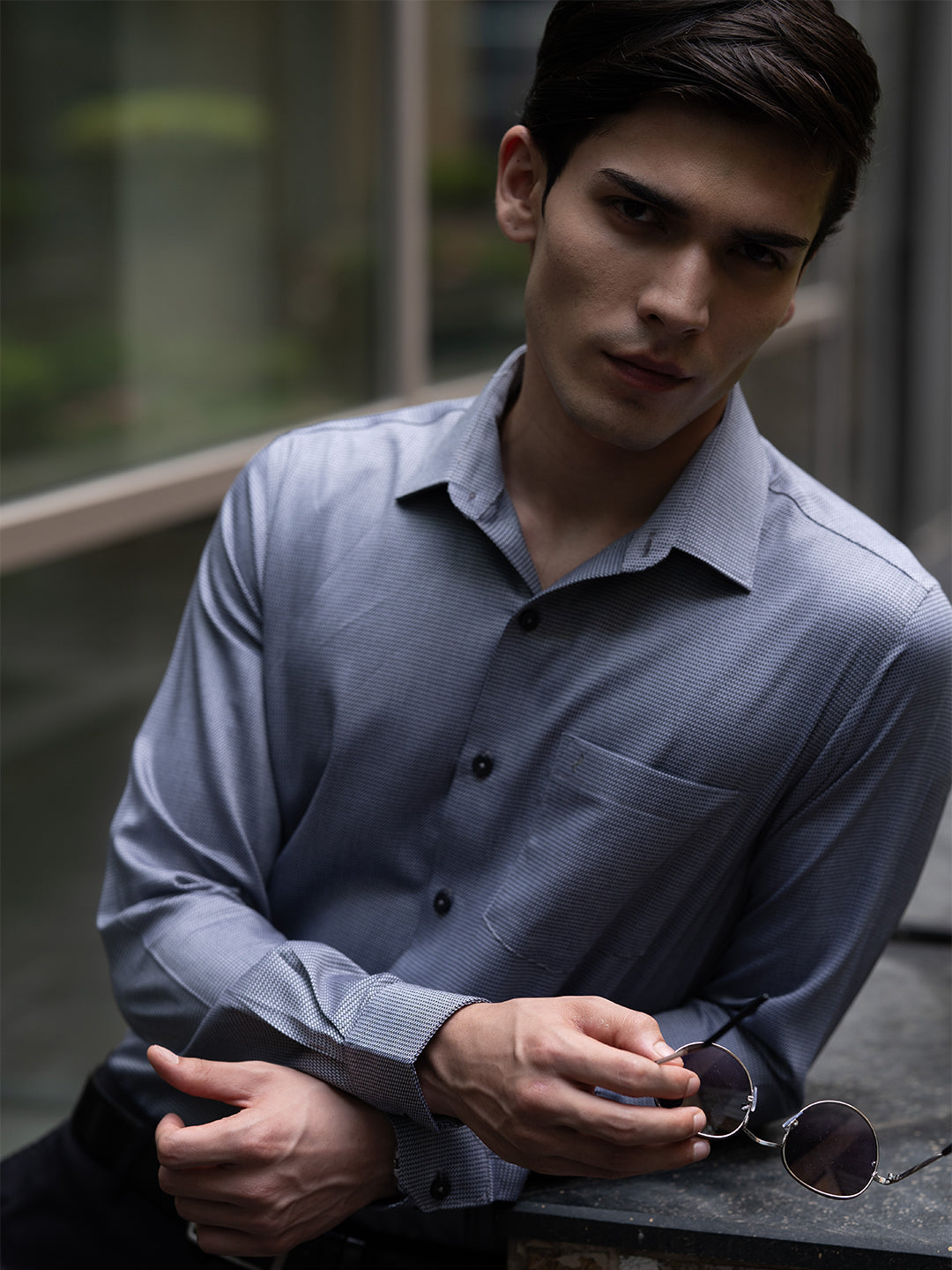 Cotton Dobby Brown Grey Regular Fit Shirt SRBD3