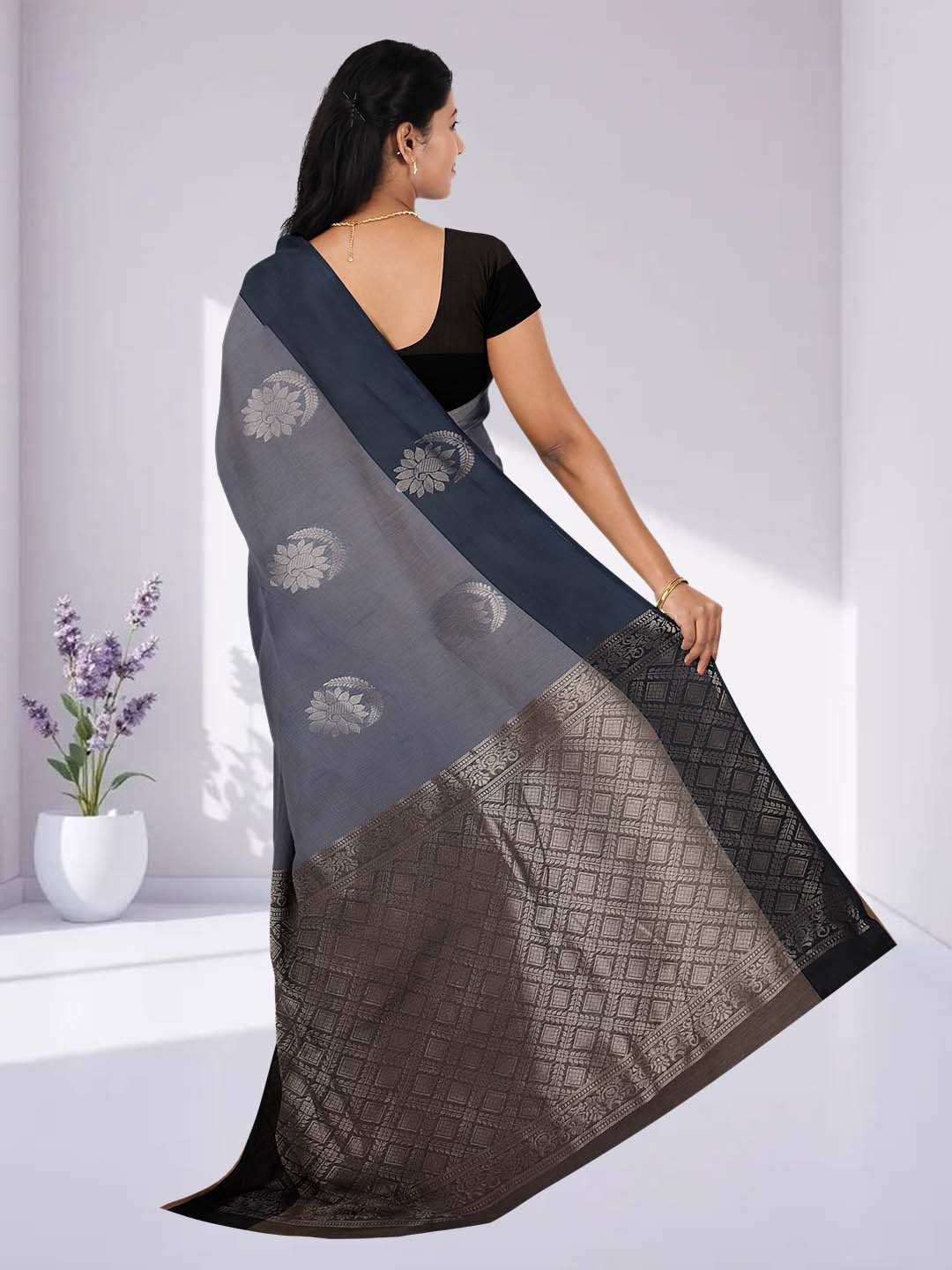 Women Bluish Grey Kotta Cotton Saree PCS186