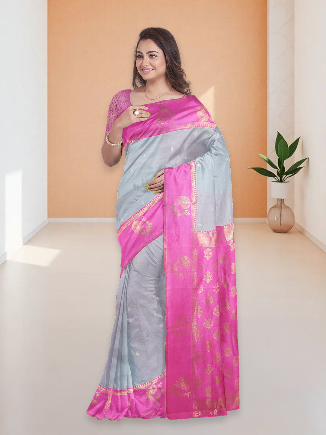 Women Grey with Pink Art Silk Saree ASS95