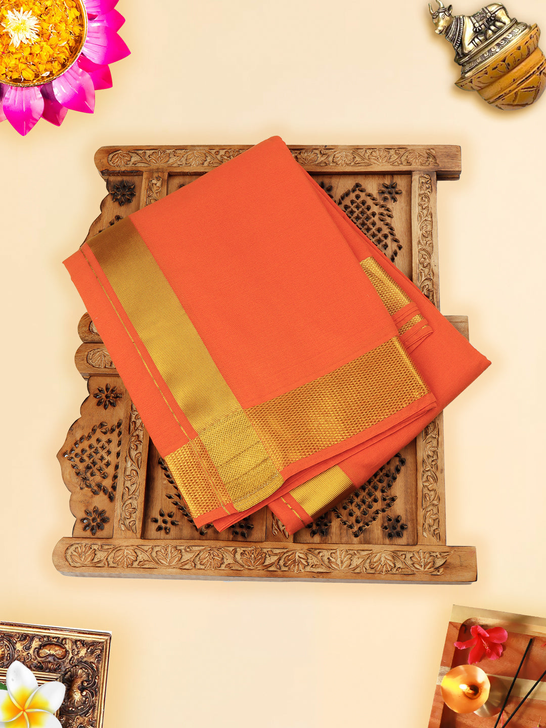 Mens Panchakacham Dhoti with Angavasthram Dheeksha Orange (9+5)-View one 