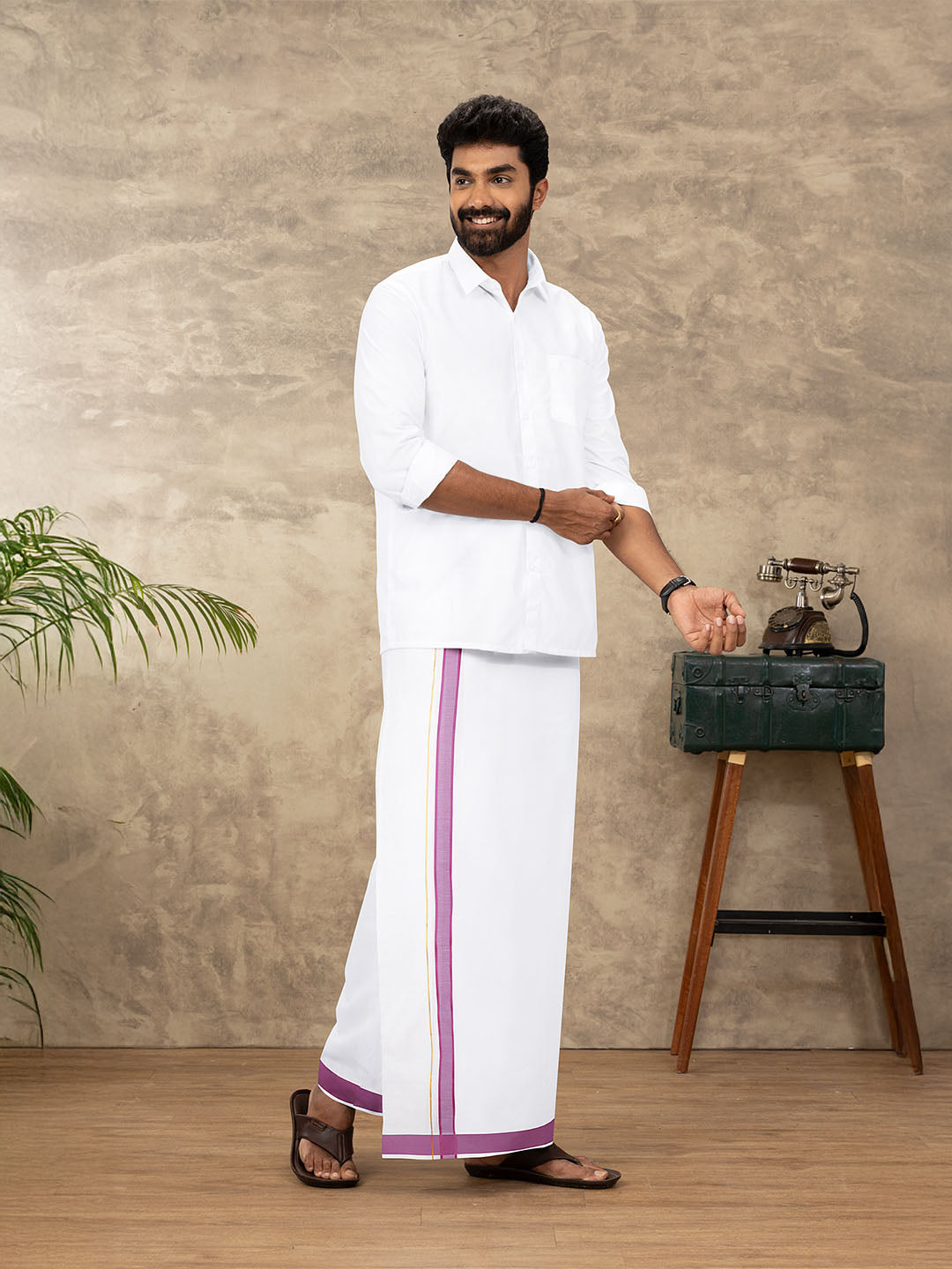 Men Cotton Blend Readymade Double Layer White Dhoti with Fancy Jari Border GFDA10