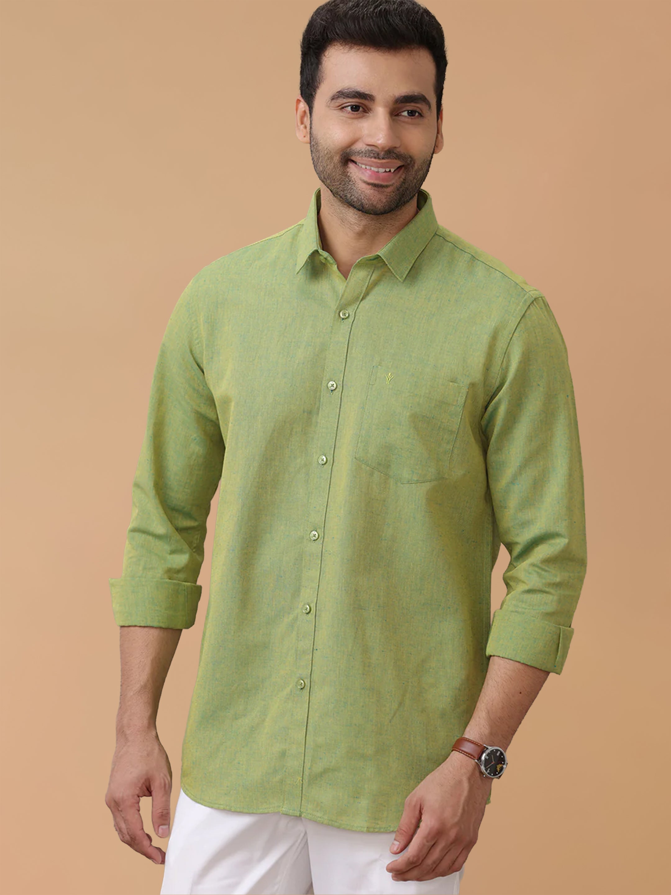 Linen Cotton Yellowish Green Regular Fit Shirt LF9