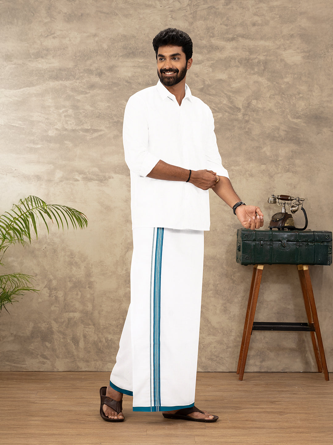 Men Cotton Blend Single Layer White Dhoti with Fancy Jari Border WSF06