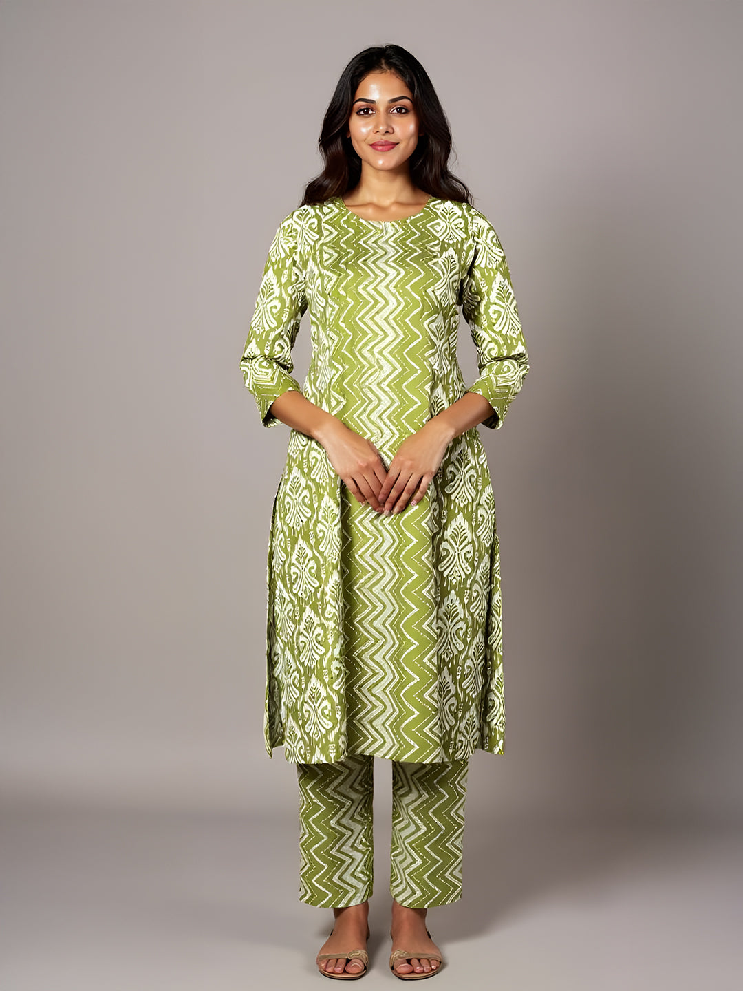 Women Cotton Printed Kurti Set Green EKS46