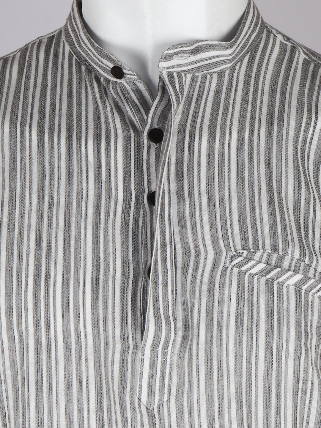 Men Cotton Short Length Striped Pocket Kurta White Grey RJ28