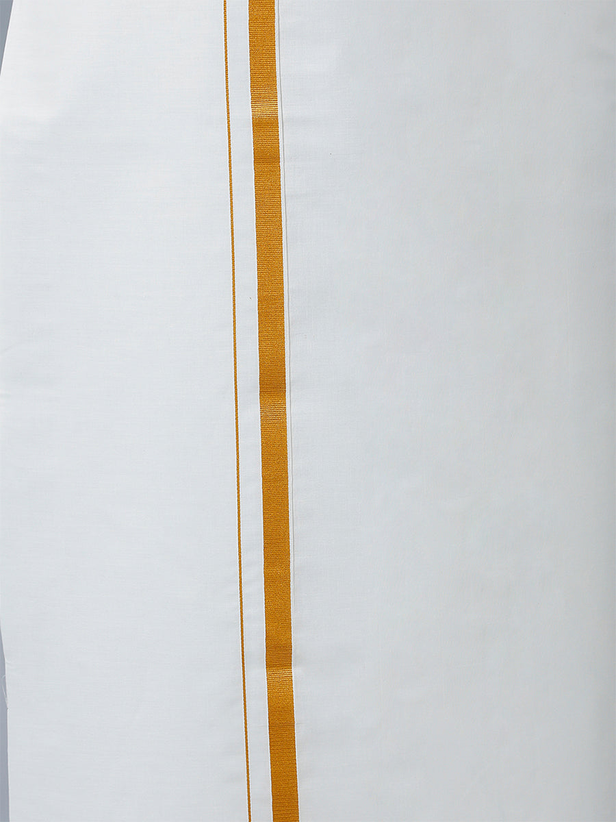 Men 100% Cotton Single Layer Cream Dhoti with 3/4" Gold Jari Border Maestro