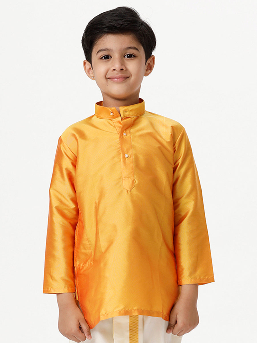 Boys Silk Cotton Full Sleeves Golden Yellow Kurta