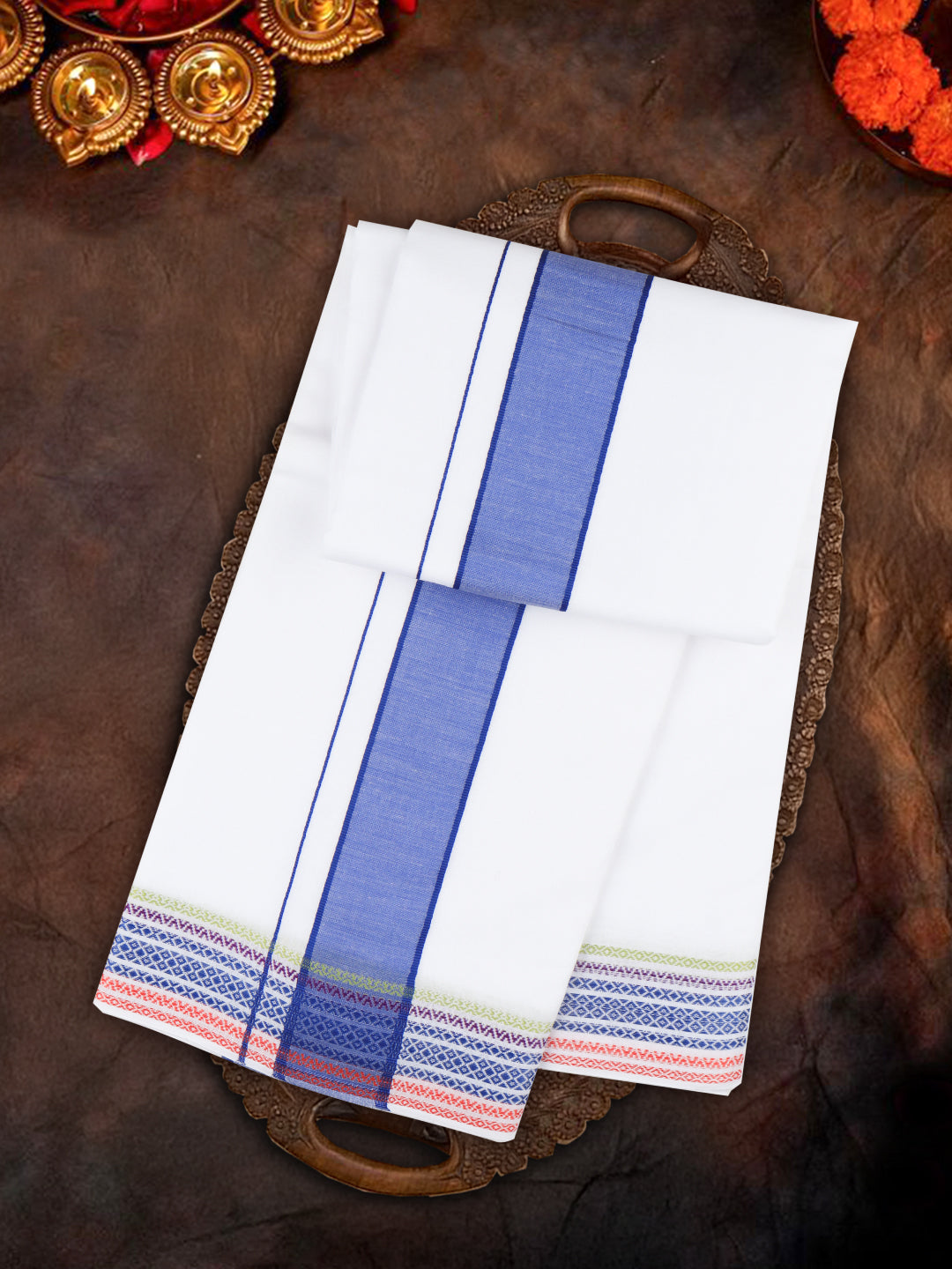 Men Cotton Blue Fancy Border Panchakacham with Angavasthram Srirasthu(9+5) SR48