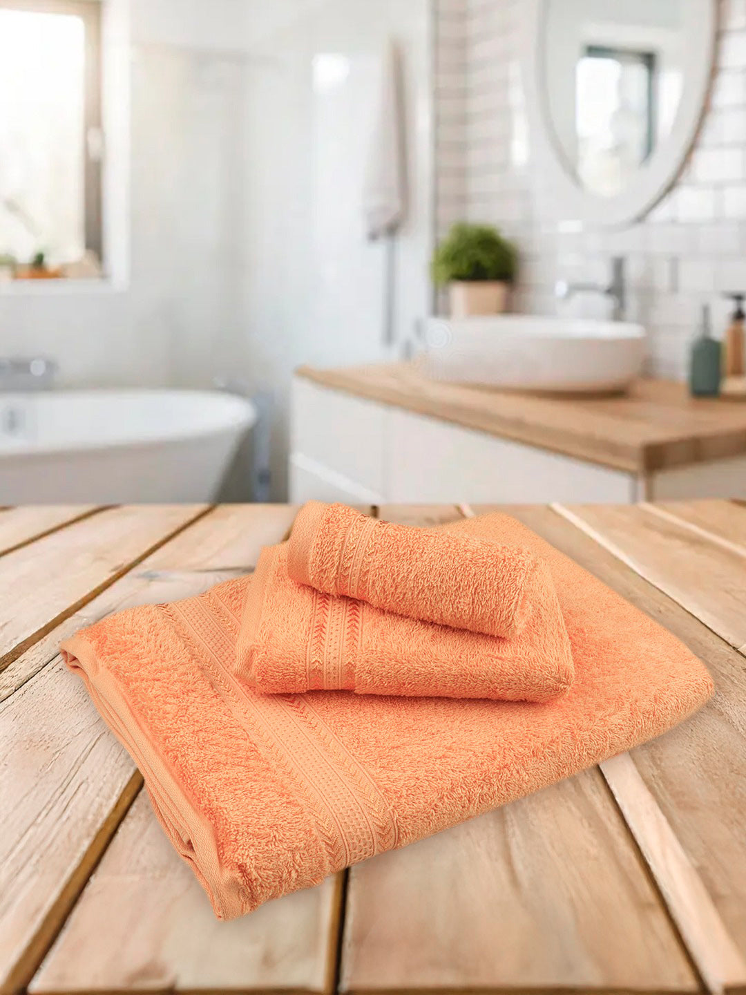 Highly Absorbent & Quick Dry Cotton Bamboo Terry Towel Set – Orange Hand, Face & Bath Towels (Pack of 3)