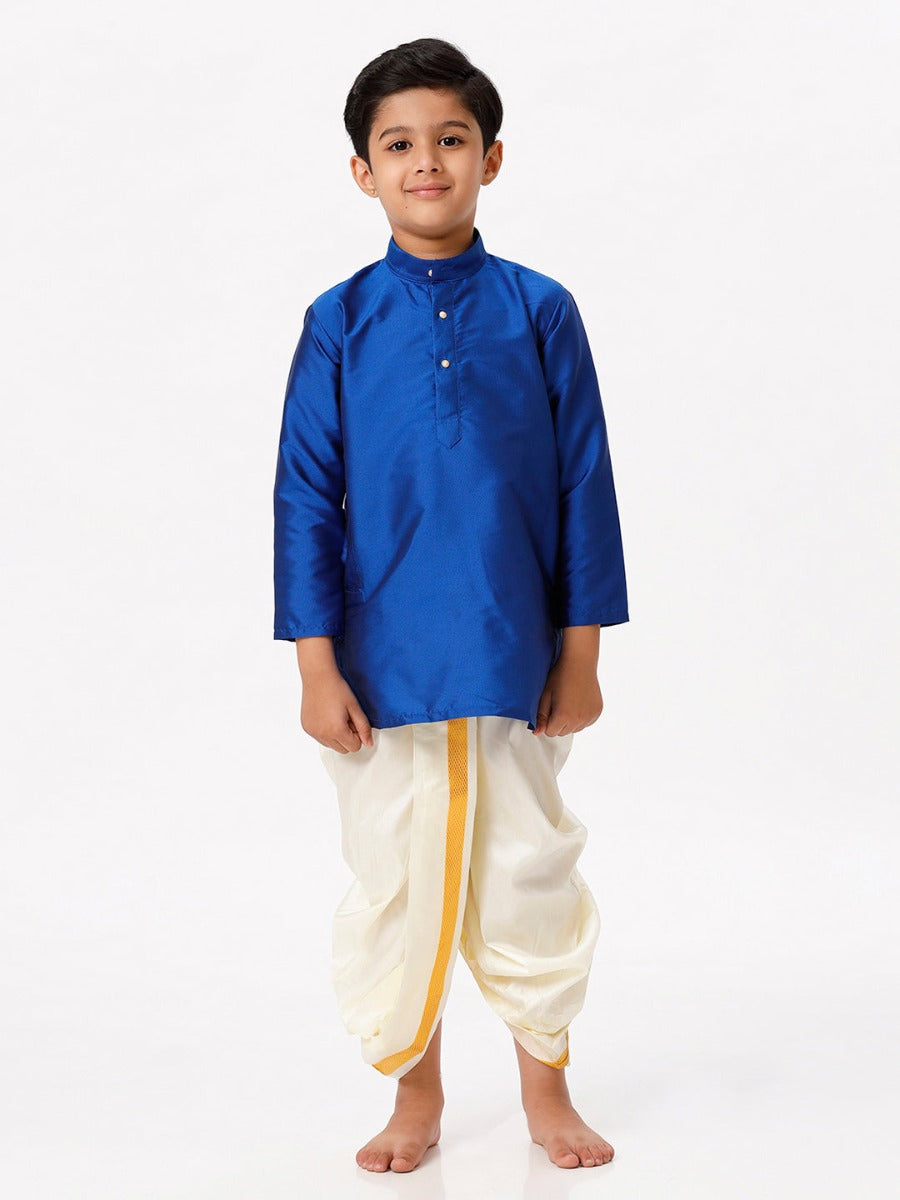 Boys Silk Cotton Full Sleeves Royal Blue Kurta with Panchakacham Combo-Front view