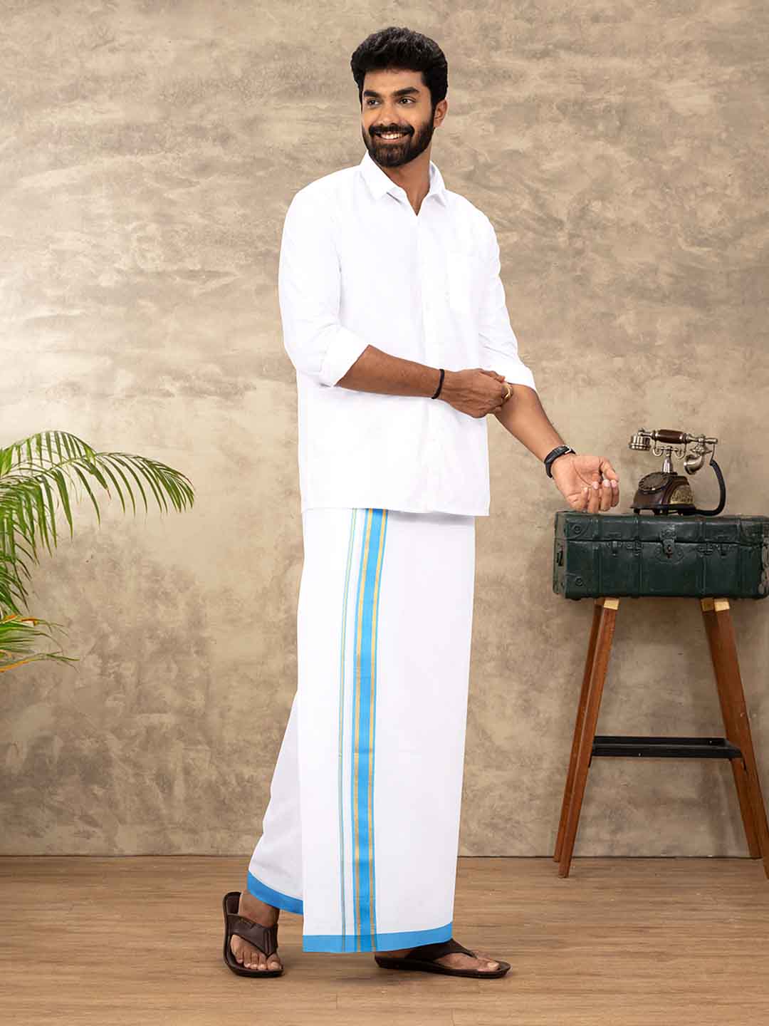 Men Cotton Blend Double Layer White Dhoti with Fancy Jari Border TGJF01