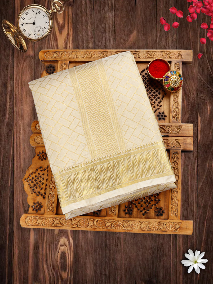 Premium Pure Silk Cream Dhoti With Angavastram 3" Jari Border Agarshanaa
