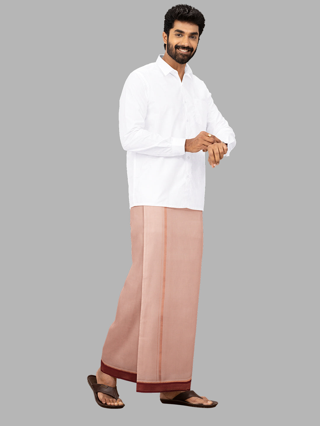 Men 100% Cotton Double Layer Light Copper Dhoti with Mayilkhan Border