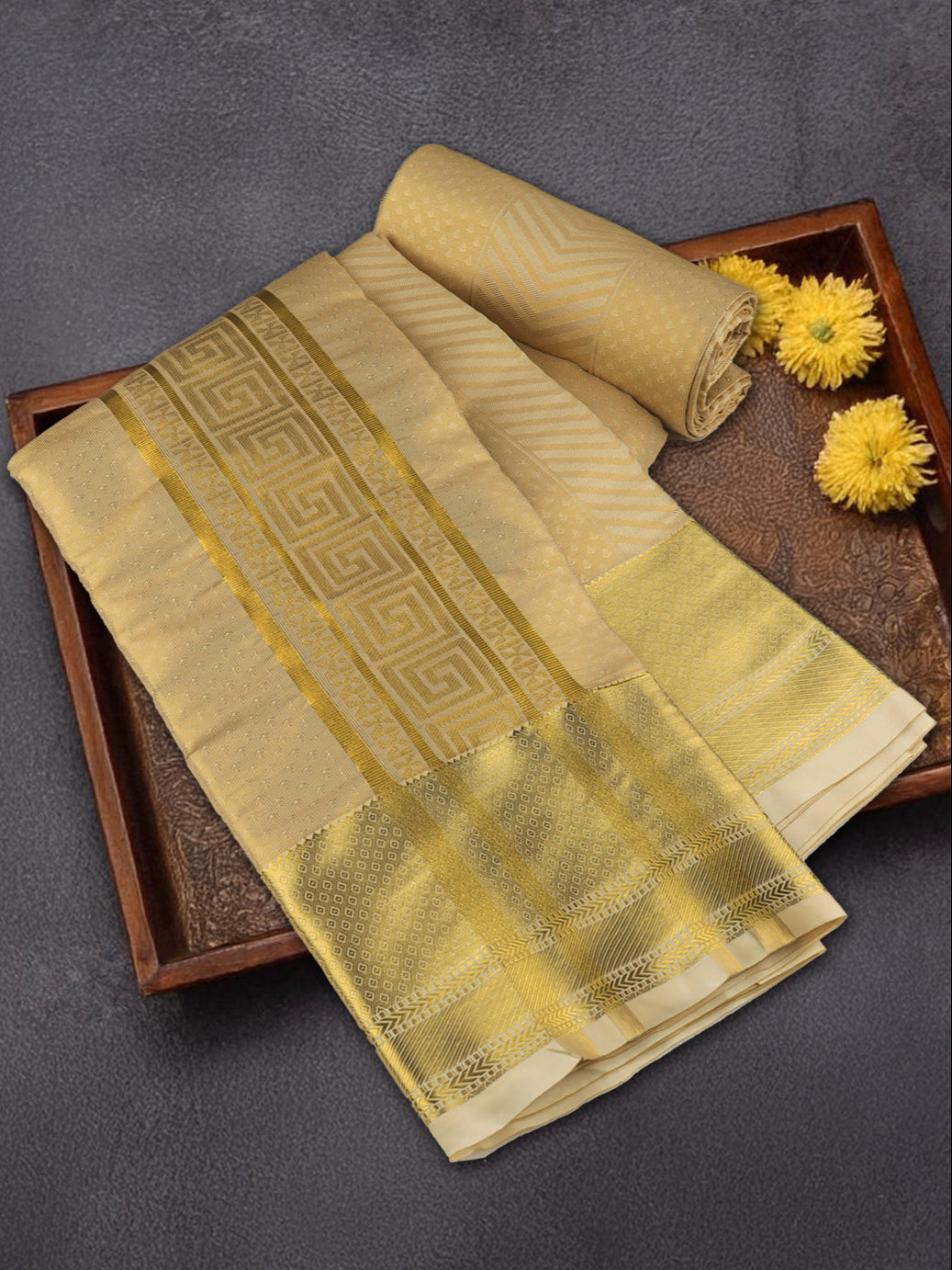 Men Art Silk Wedding Set Dhoti Shirting & Towel Set Gold Brahmotsavam B11(3*1)