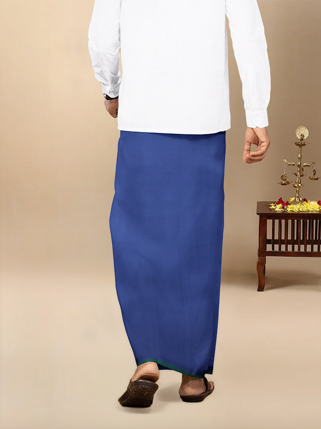 Men Cotton Blend Single Layer Blue Dhoti & Towel Set with Green Border Poojan